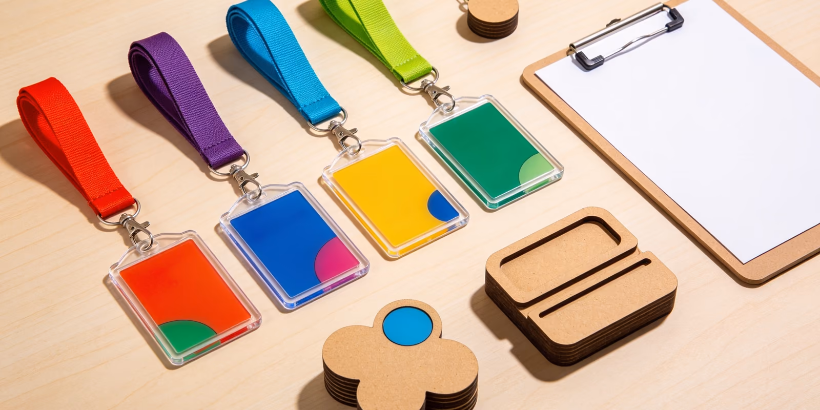 Custom lanyards, acrylic keychains, badges and MDF items made by Ortex Industries